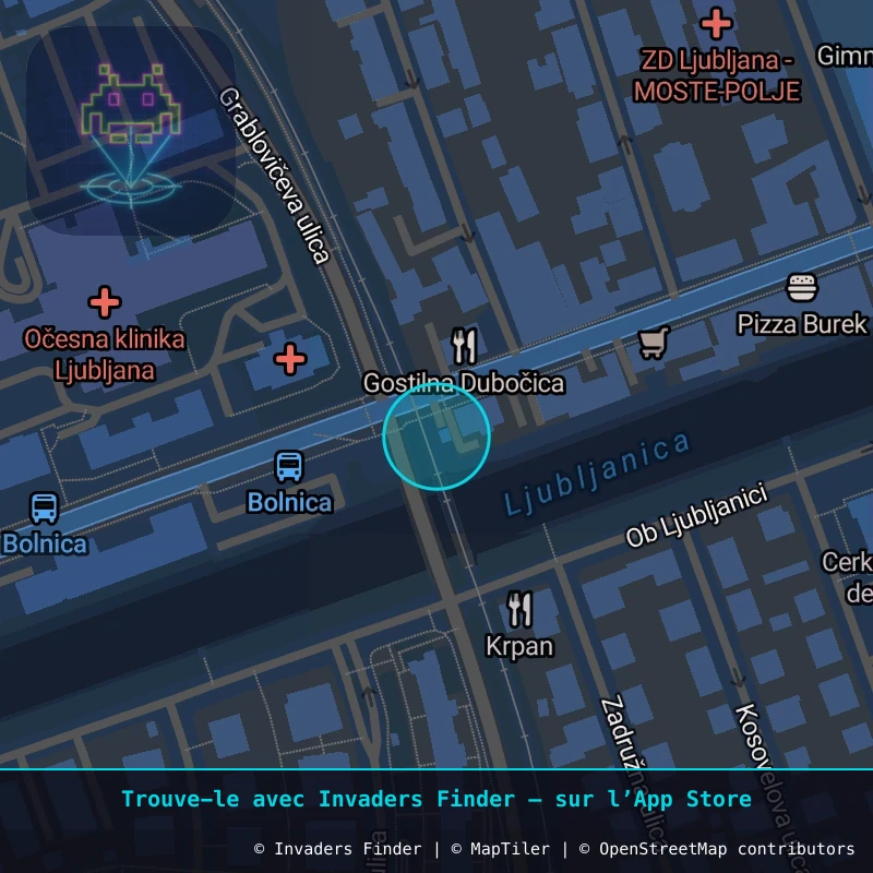 Zone approximative de l'invader LJU_21, dans le quartier Selo, Ljubljana à Ljubljana. Emplacement exact disponible dans l'app Invaders Finder.