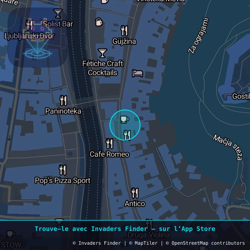 Zone approximative de l'invader LJU_33, dans le quartier Žabjak à Ljubljana. Emplacement exact disponible dans l'app Invaders Finder.