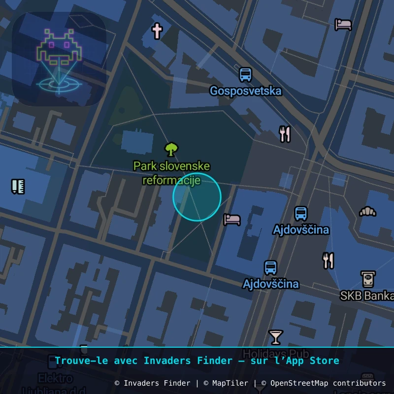 Zone approximative de l'invader LJU_38, dans le quartier Grajski grič, Ljubljana à Ljubljana. Emplacement exact disponible dans l'app Invaders Finder.
