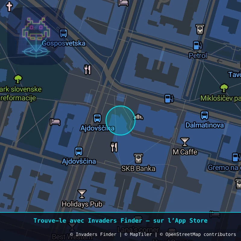 Zone approximative de l'invader LJU_39, dans le quartier Grajski grič, Ljubljana à Ljubljana. Emplacement exact disponible dans l'app Invaders Finder.