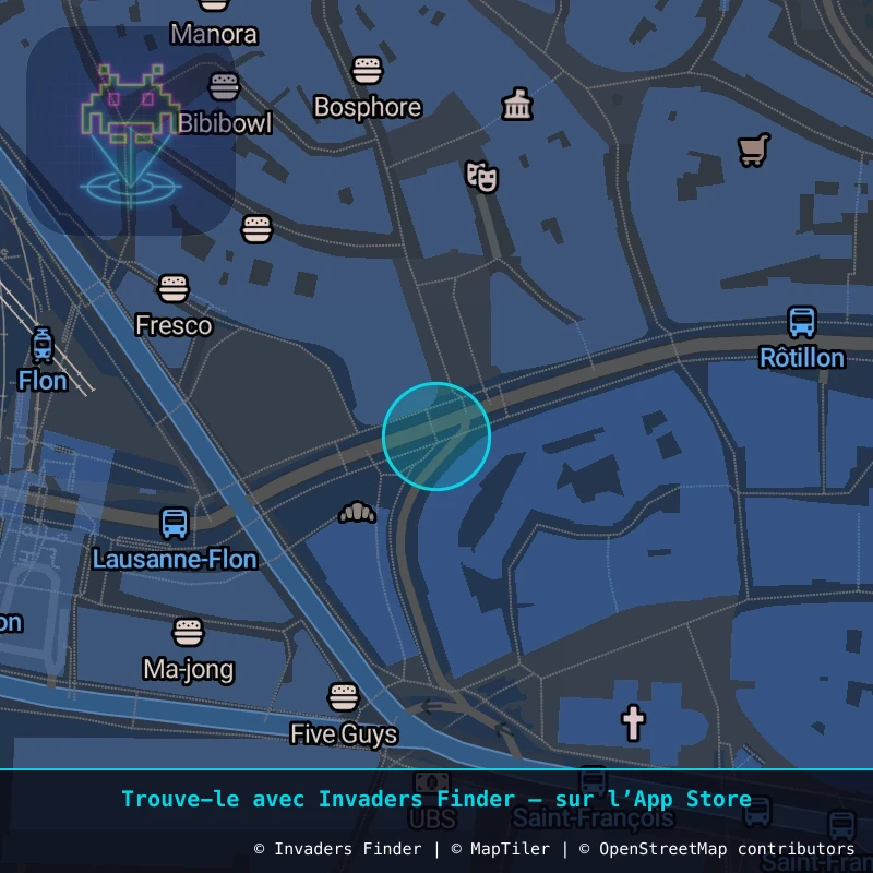 Zone approximative de l'invader LSN_02, dans le quartier Centre-ville, Lausanne à Lausanne. Emplacement exact disponible dans l'app Invaders Finder.