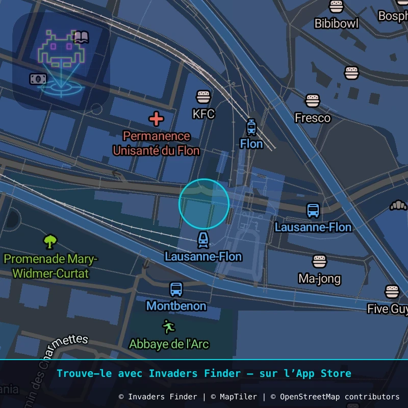 Zone approximative de l'invader LSN_08, dans le quartier Centre-ville, Lausanne à Lausanne. Emplacement exact disponible dans l'app Invaders Finder.