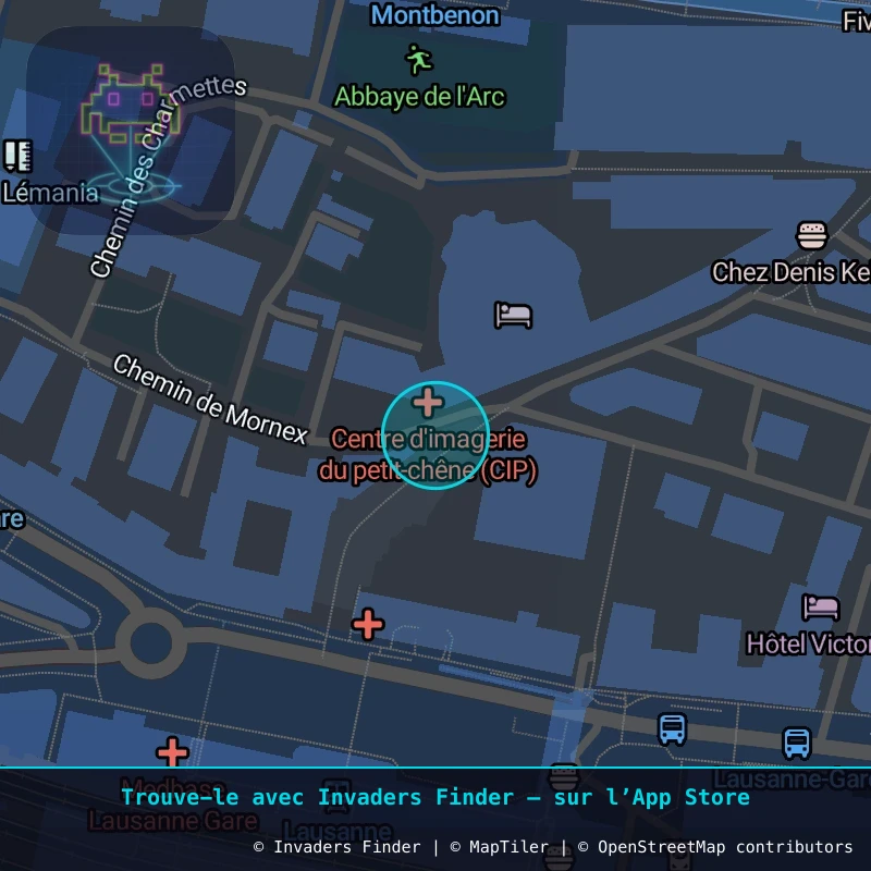 Zone approximative de l'invader LSN_10, dans le quartier Centre-ville, Lausanne à Lausanne. Emplacement exact disponible dans l'app Invaders Finder.