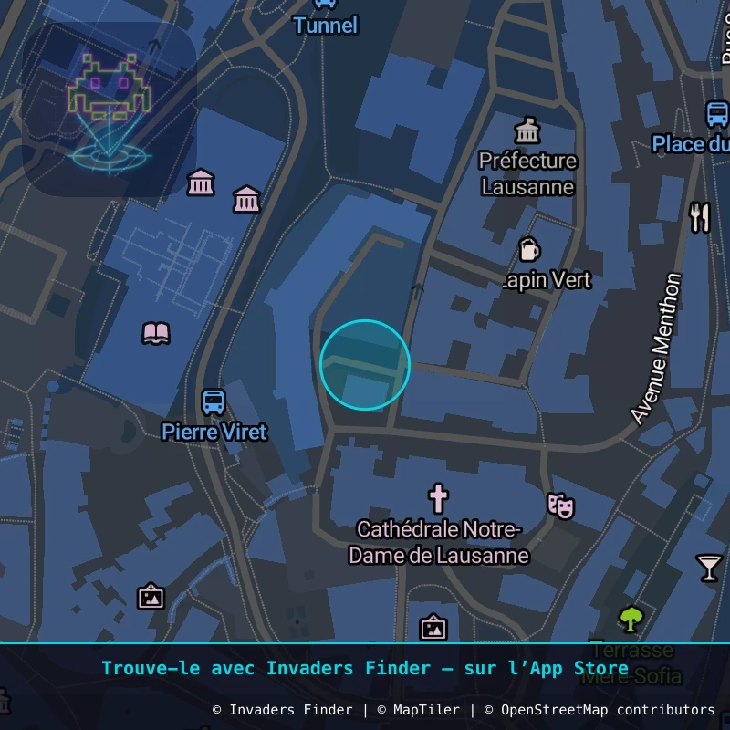 Zone approximative de l'invader LSN_12, dans le quartier Centre-ville, Lausanne à Lausanne. Emplacement exact disponible dans l'app Invaders Finder.