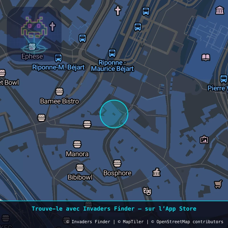Zone approximative de l'invader LSN_16, dans le quartier Centre-ville, Lausanne à Lausanne. Emplacement exact disponible dans l'app Invaders Finder.