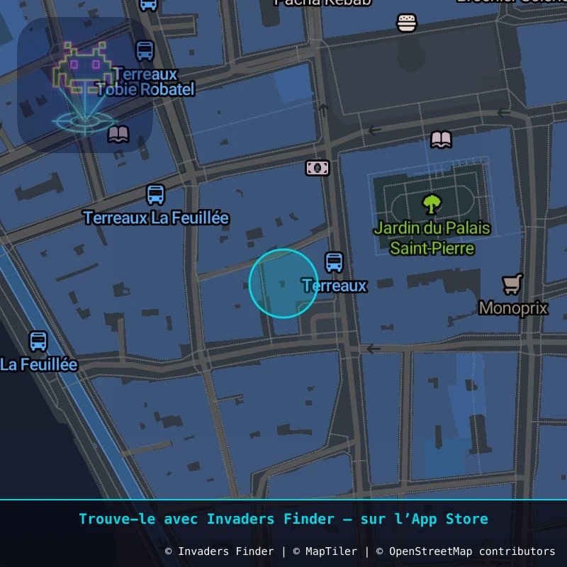 Zone approximative de l'invader LY_02, dans le quartier Terreaux, Lyon à Lyon. Emplacement exact disponible dans l'app Invaders Finder.