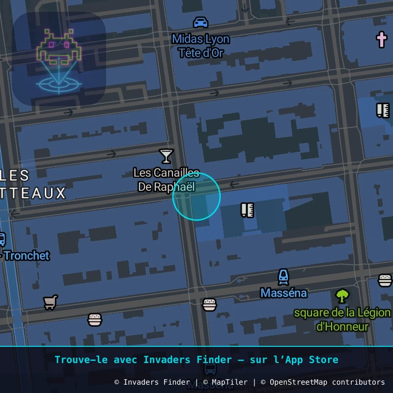 Zone approximative de l'invader LY_12, dans le quartier Terreaux, Lyon à Lyon. Emplacement exact disponible dans l'app Invaders Finder.