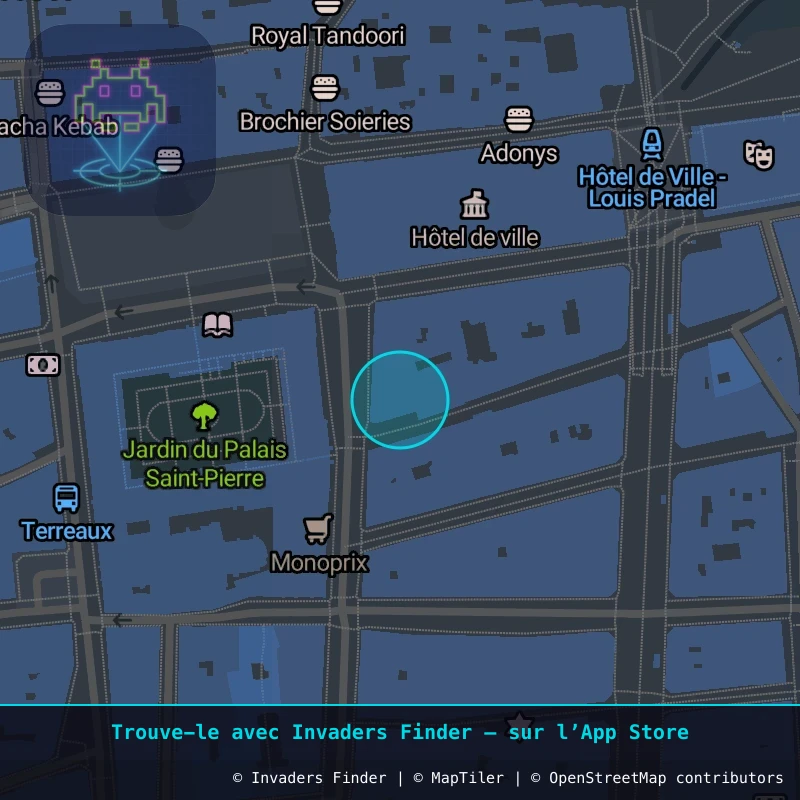 Zone approximative de l'invader LY_20, dans le quartier Terreaux, Lyon à Lyon. Emplacement exact disponible dans l'app Invaders Finder.