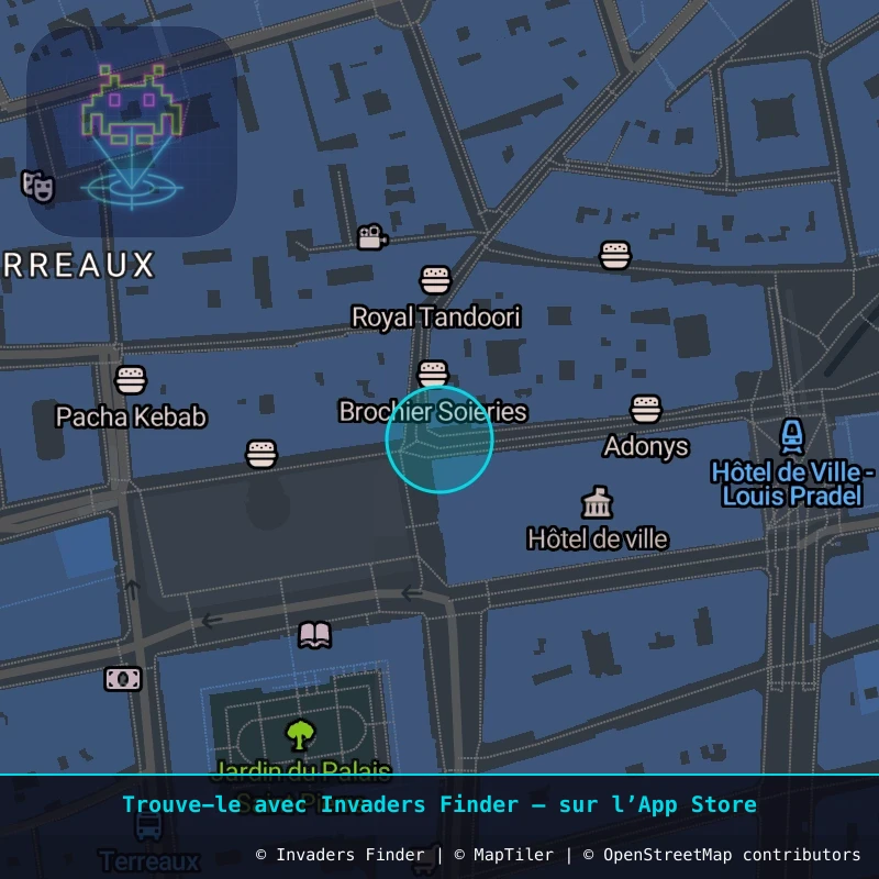 Zone approximative de l'invader LY_21, dans le quartier Terreaux, Lyon à Lyon. Emplacement exact disponible dans l'app Invaders Finder.
