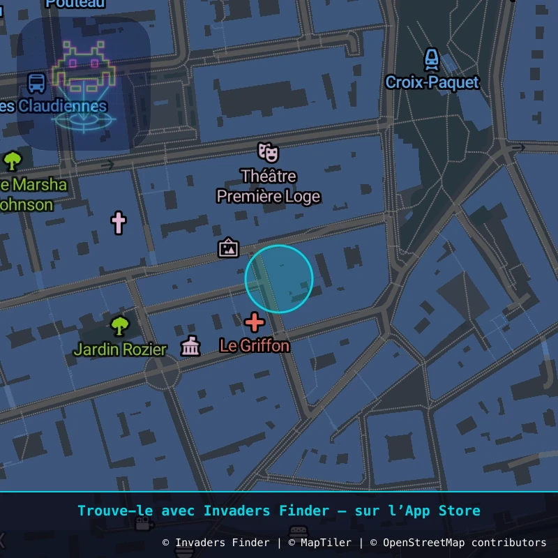 Zone approximative de l'invader LY_23, dans le quartier Terreaux, Lyon à Lyon. Emplacement exact disponible dans l'app Invaders Finder.