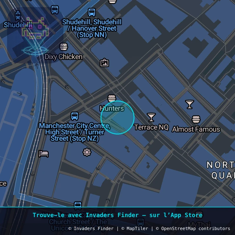 Zone approximative de l'invader MAN_01, dans le quartier Northern Quarter, Manchester à Manchester. Emplacement exact disponible dans l'app Invaders Finder.