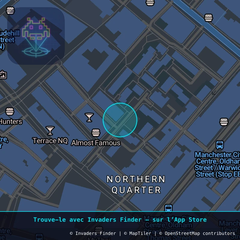Zone approximative de l'invader MAN_02, dans le quartier Northern Quarter, Manchester à Manchester. Emplacement exact disponible dans l'app Invaders Finder.