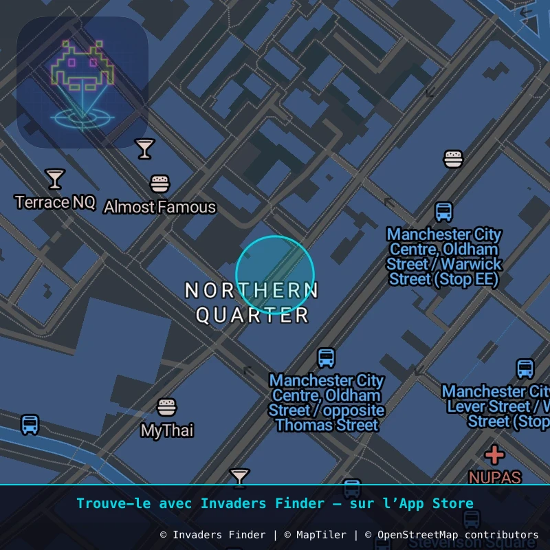 Zone approximative de l'invader MAN_03, dans le quartier Northern Quarter, Manchester à Manchester. Emplacement exact disponible dans l'app Invaders Finder.