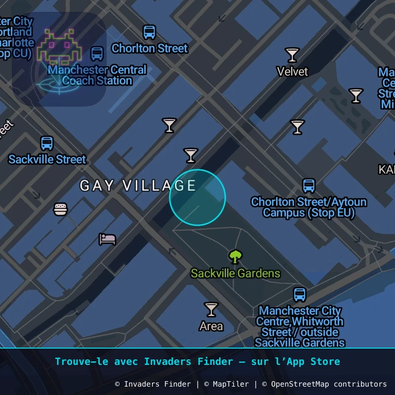 Zone approximative de l'invader MAN_04, dans le quartier Northern Quarter, Manchester à Manchester. Emplacement exact disponible dans l'app Invaders Finder.
