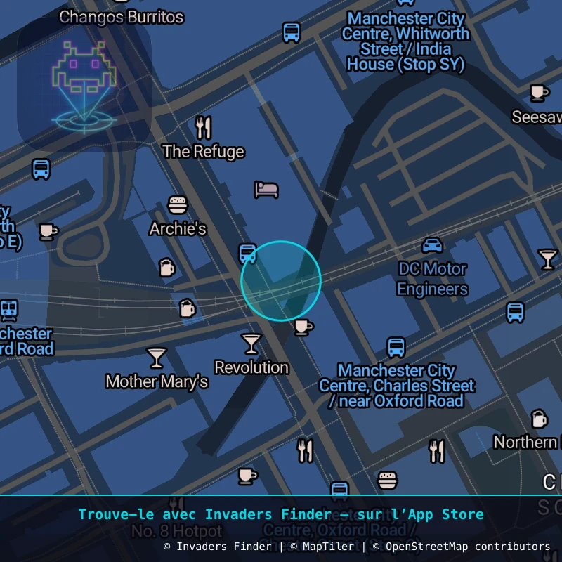 Zone approximative de l'invader MAN_05, dans le quartier Northern Quarter, Manchester à Manchester. Emplacement exact disponible dans l'app Invaders Finder.