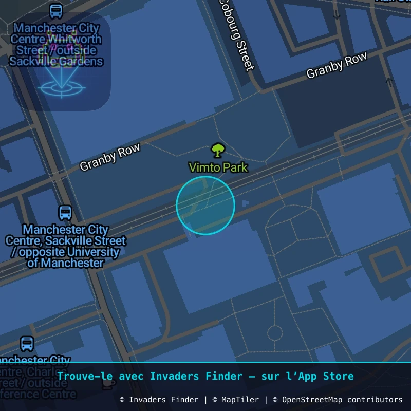 Zone approximative de l'invader MAN_07, dans le quartier Northern Quarter, Manchester à Manchester. Emplacement exact disponible dans l'app Invaders Finder.