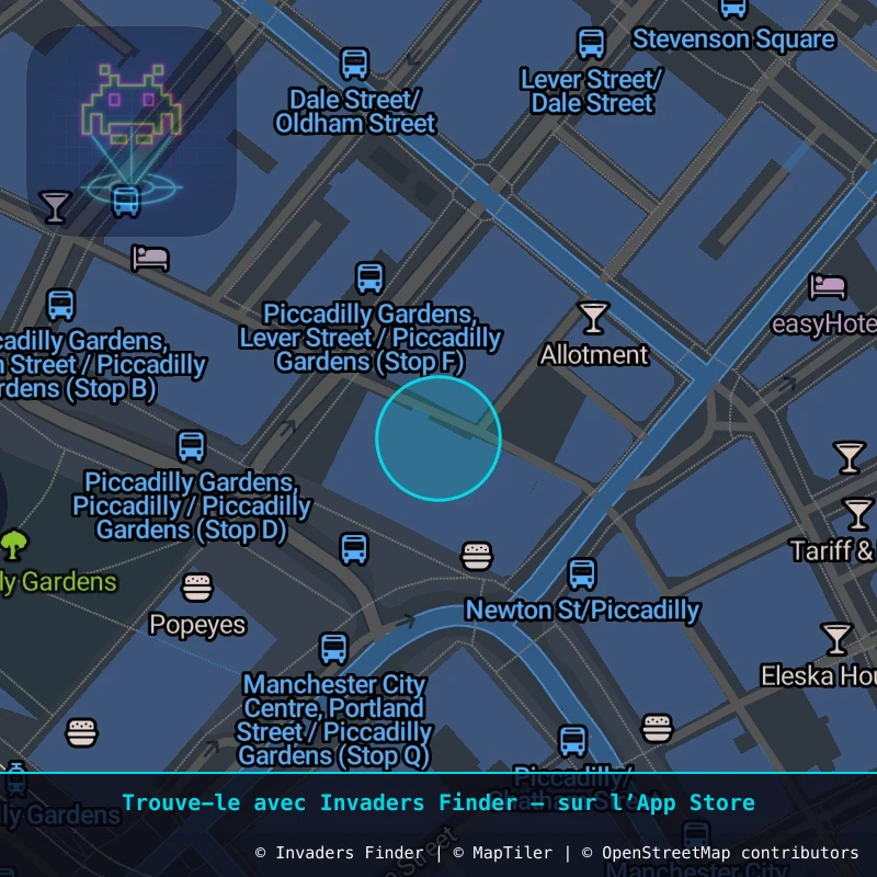Zone approximative de l'invader MAN_10, dans le quartier Northern Quarter, Manchester à Manchester. Emplacement exact disponible dans l'app Invaders Finder.