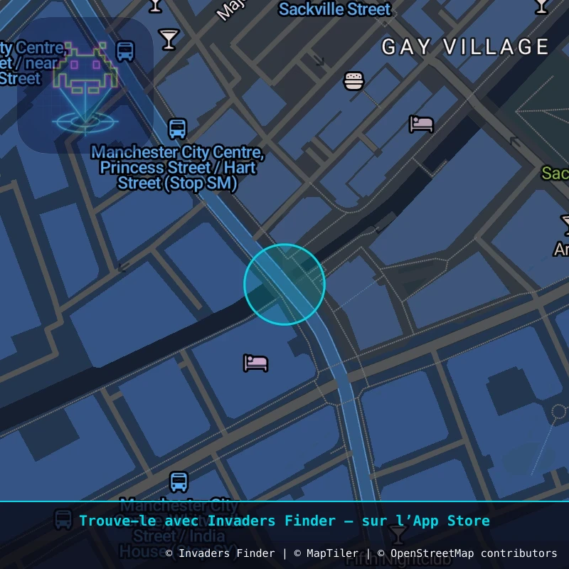 Zone approximative de l'invader MAN_12, dans le quartier Northern Quarter, Manchester à Manchester. Emplacement exact disponible dans l'app Invaders Finder.
