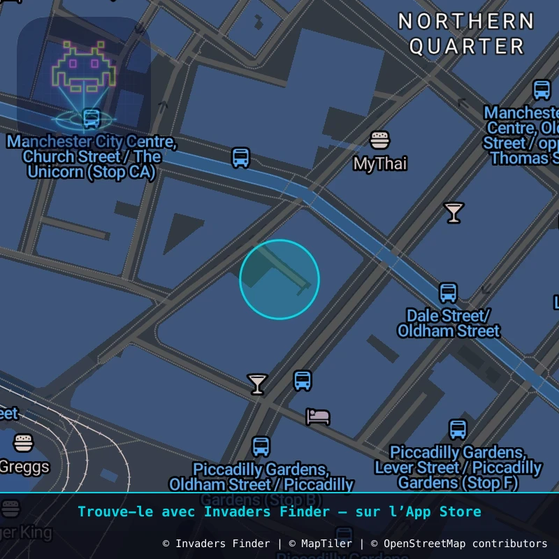 Zone approximative de l'invader MAN_13, dans le quartier Northern Quarter, Manchester à Manchester. Emplacement exact disponible dans l'app Invaders Finder.
