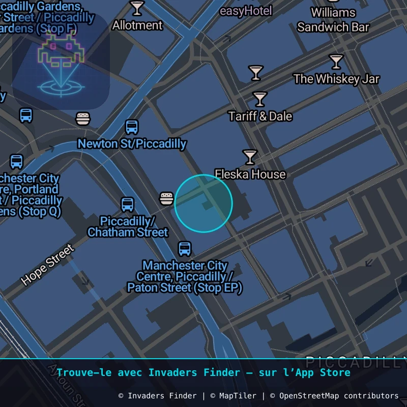 Zone approximative de l'invader MAN_14, dans le quartier Northern Quarter, Manchester à Manchester. Emplacement exact disponible dans l'app Invaders Finder.