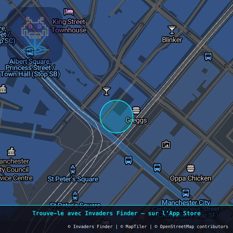 Zone approximative de l'invader MAN_15, dans le quartier Northern Quarter, Manchester à Manchester. Emplacement exact disponible dans l'app Invaders Finder.
