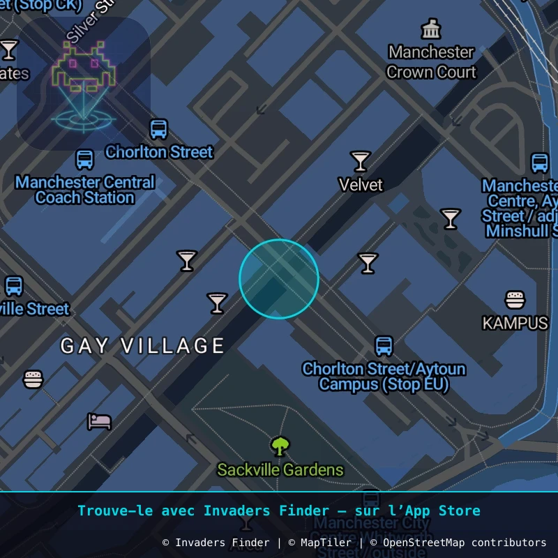 Zone approximative de l'invader MAN_16, dans le quartier Northern Quarter, Manchester à Manchester. Emplacement exact disponible dans l'app Invaders Finder.