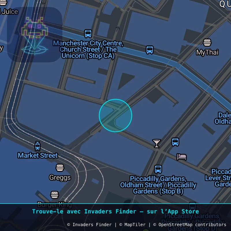 Zone approximative de l'invader MAN_17, dans le quartier Northern Quarter, Manchester à Manchester. Emplacement exact disponible dans l'app Invaders Finder.