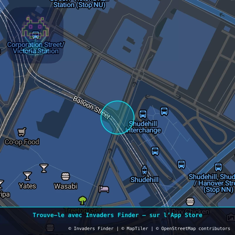 Zone approximative de l'invader MAN_18, dans le quartier Northern Quarter, Manchester à Manchester. Emplacement exact disponible dans l'app Invaders Finder.