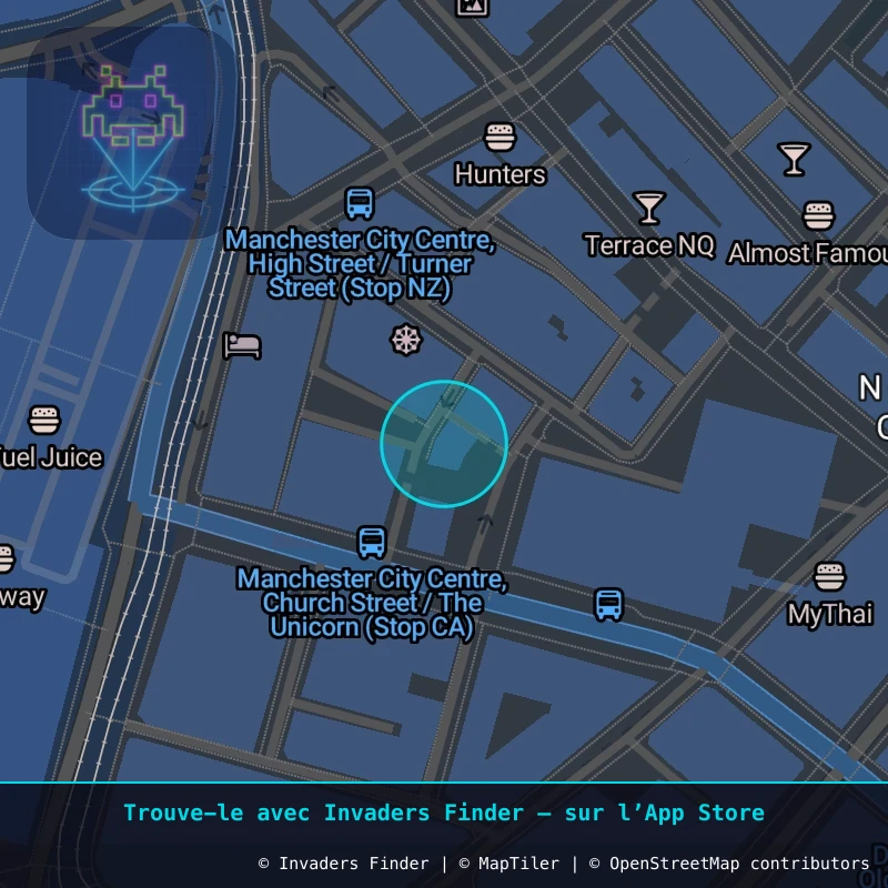 Zone approximative de l'invader MAN_19, dans le quartier Northern Quarter, Manchester à Manchester. Emplacement exact disponible dans l'app Invaders Finder.