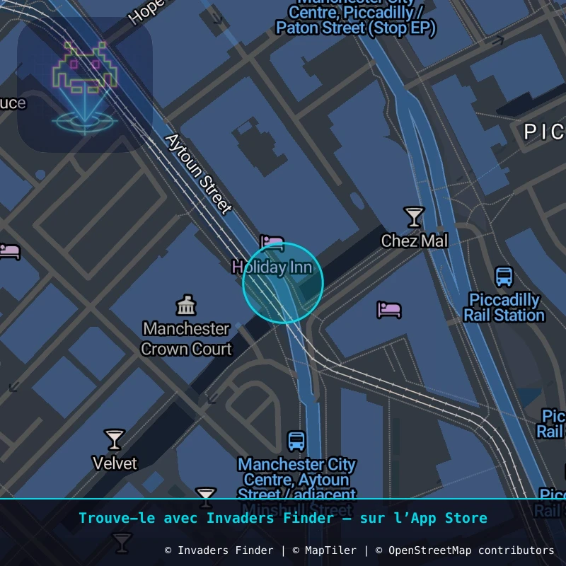 Zone approximative de l'invader MAN_22, dans le quartier Northern Quarter, Manchester à Manchester. Emplacement exact disponible dans l'app Invaders Finder.