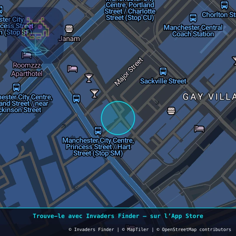 Zone approximative de l'invader MAN_23, dans le quartier Northern Quarter, Manchester à Manchester. Emplacement exact disponible dans l'app Invaders Finder.
