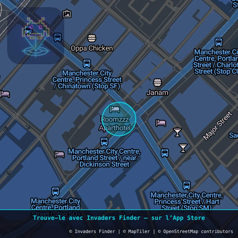 Zone approximative de l'invader MAN_24, dans le quartier Northern Quarter, Manchester à Manchester. Emplacement exact disponible dans l'app Invaders Finder.