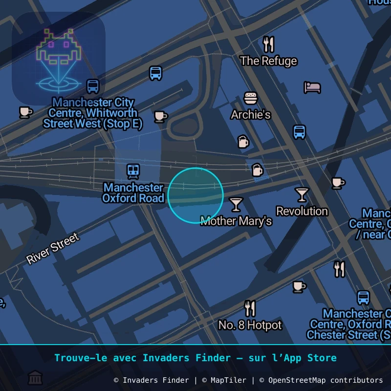 Zone approximative de l'invader MAN_25, dans le quartier Northern Quarter, Manchester à Manchester. Emplacement exact disponible dans l'app Invaders Finder.