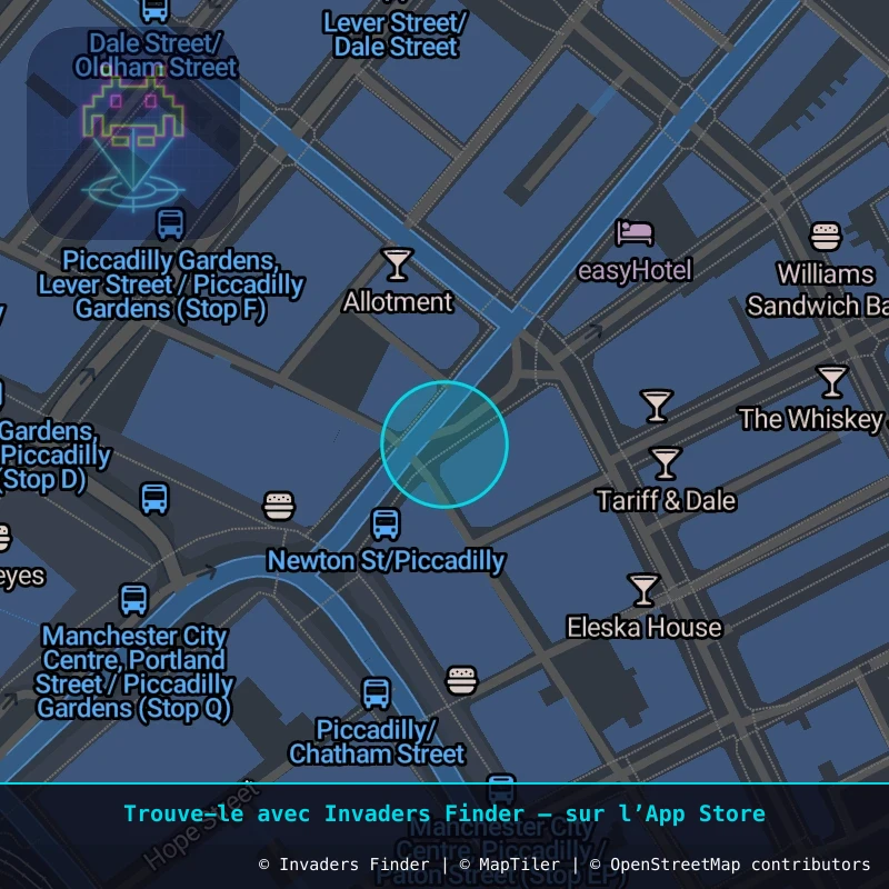 Zone approximative de l'invader MAN_32, dans le quartier Northern Quarter, Manchester à Manchester. Emplacement exact disponible dans l'app Invaders Finder.