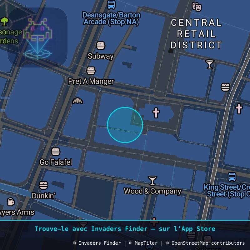 Zone approximative de l'invader MAN_33, dans le quartier Northern Quarter, Manchester à Manchester. Emplacement exact disponible dans l'app Invaders Finder.