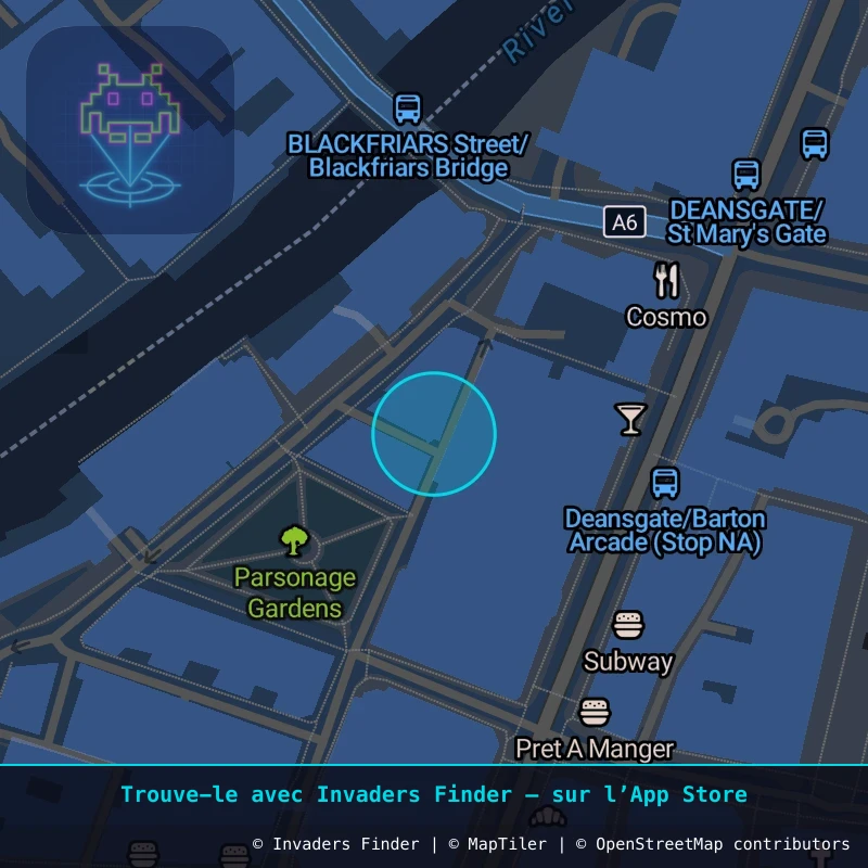 Zone approximative de l'invader MAN_34, dans le quartier Northern Quarter, Manchester à Manchester. Emplacement exact disponible dans l'app Invaders Finder.