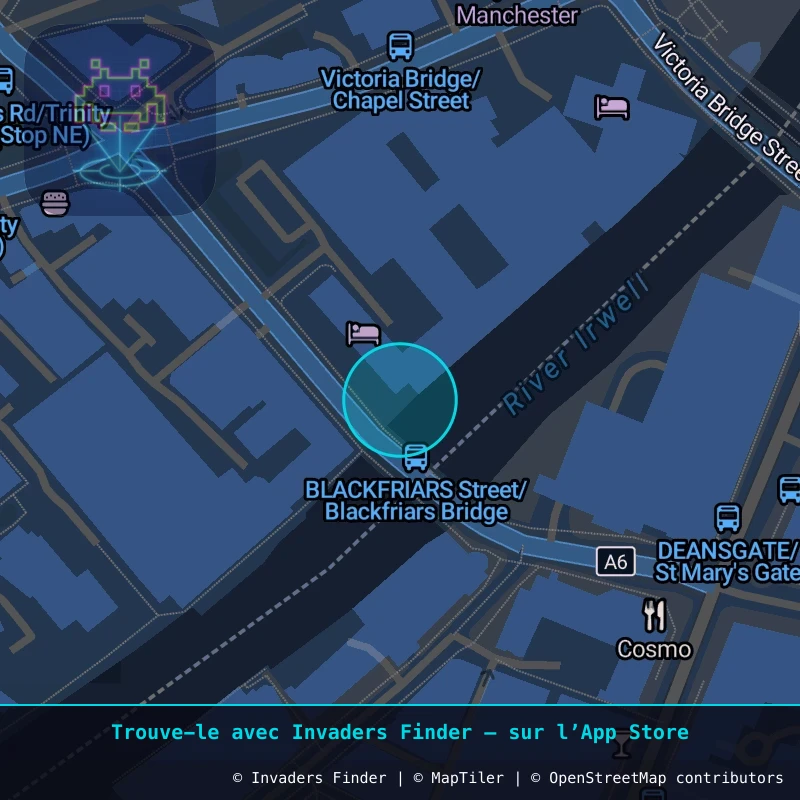 Zone approximative de l'invader MAN_35, dans le quartier Northern Quarter, Manchester à Manchester. Emplacement exact disponible dans l'app Invaders Finder.