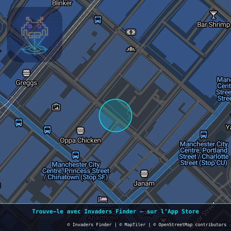 Zone approximative de l'invader MAN_37, dans le quartier Northern Quarter, Manchester à Manchester. Emplacement exact disponible dans l'app Invaders Finder.