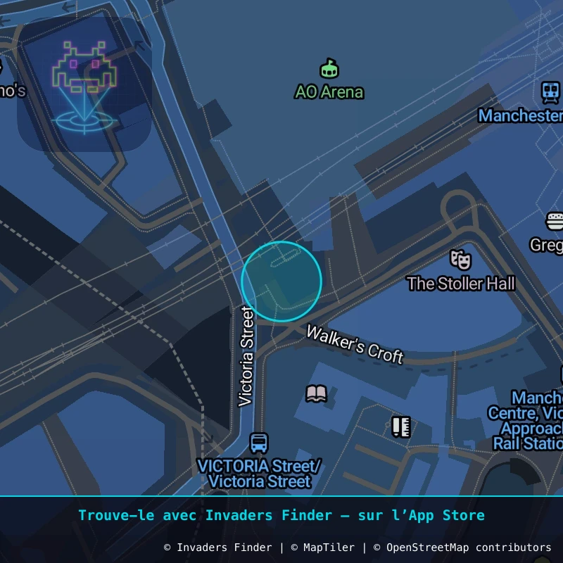 Zone approximative de l'invader MAN_39, dans le quartier Northern Quarter, Manchester à Manchester. Emplacement exact disponible dans l'app Invaders Finder.