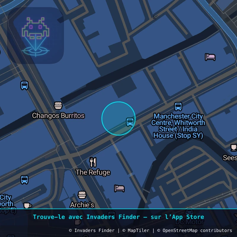 Zone approximative de l'invader MAN_43, dans le quartier Northern Quarter, Manchester à Manchester. Emplacement exact disponible dans l'app Invaders Finder.