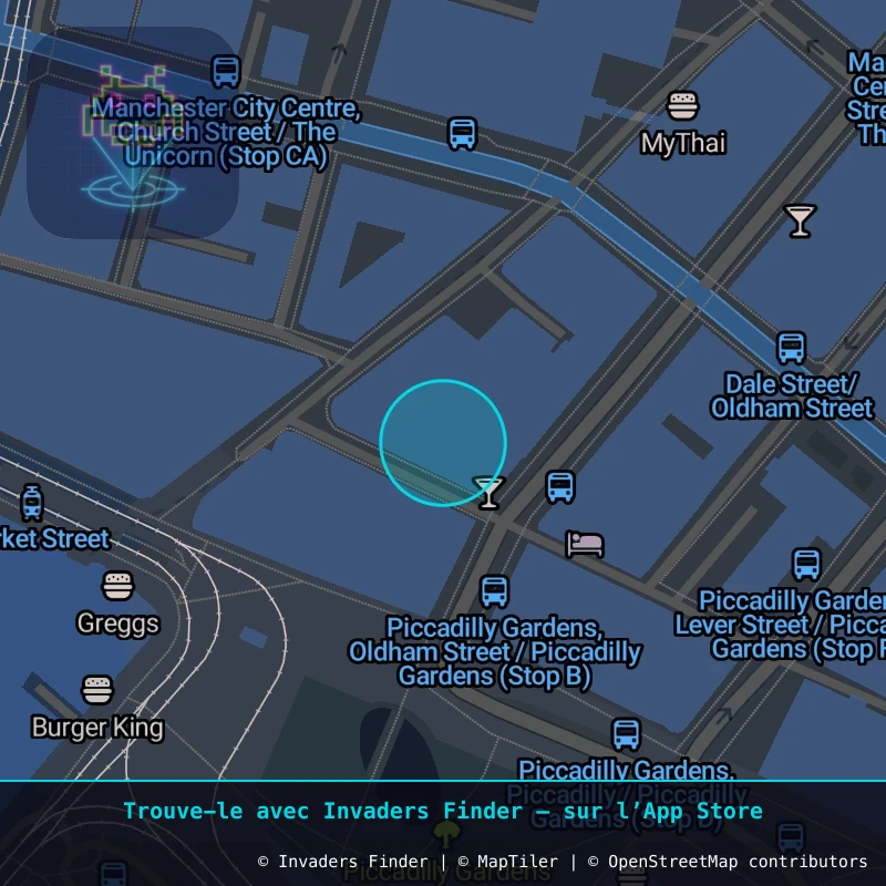 Zone approximative de l'invader MAN_45, dans le quartier Northern Quarter, Manchester à Manchester. Emplacement exact disponible dans l'app Invaders Finder.