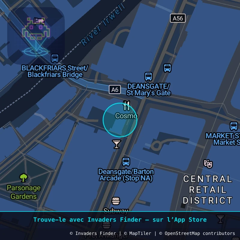 Zone approximative de l'invader MAN_46, dans le quartier Northern Quarter, Manchester à Manchester. Emplacement exact disponible dans l'app Invaders Finder.
