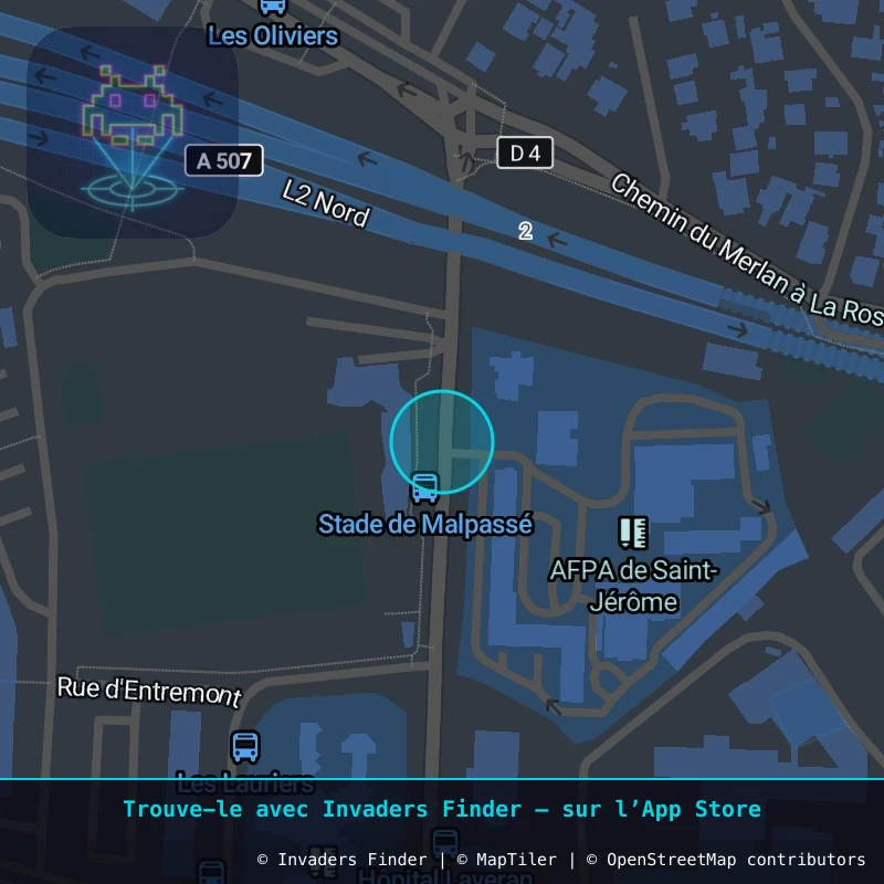 Zone approximative de l'invader MARS_27, dans le quartier Les Bonnets, Marseille à Marseille. Emplacement exact disponible dans l'app Invaders Finder.