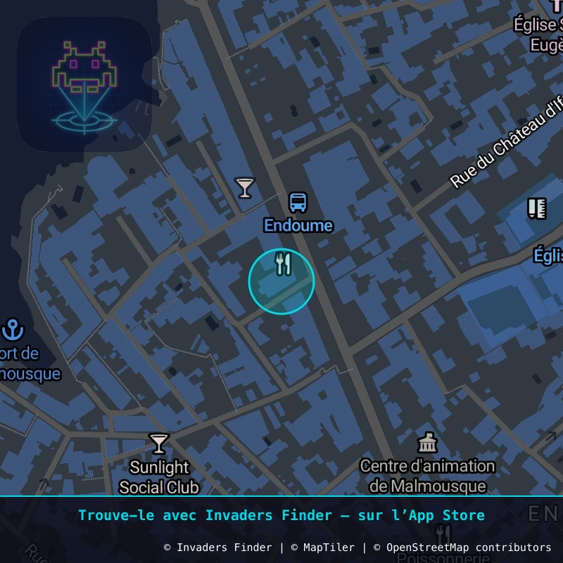 Zone approximative de l'invader MARS_63, dans le quartier Le Pharo, Marseille à Marseille. Emplacement exact disponible dans l'app Invaders Finder.
