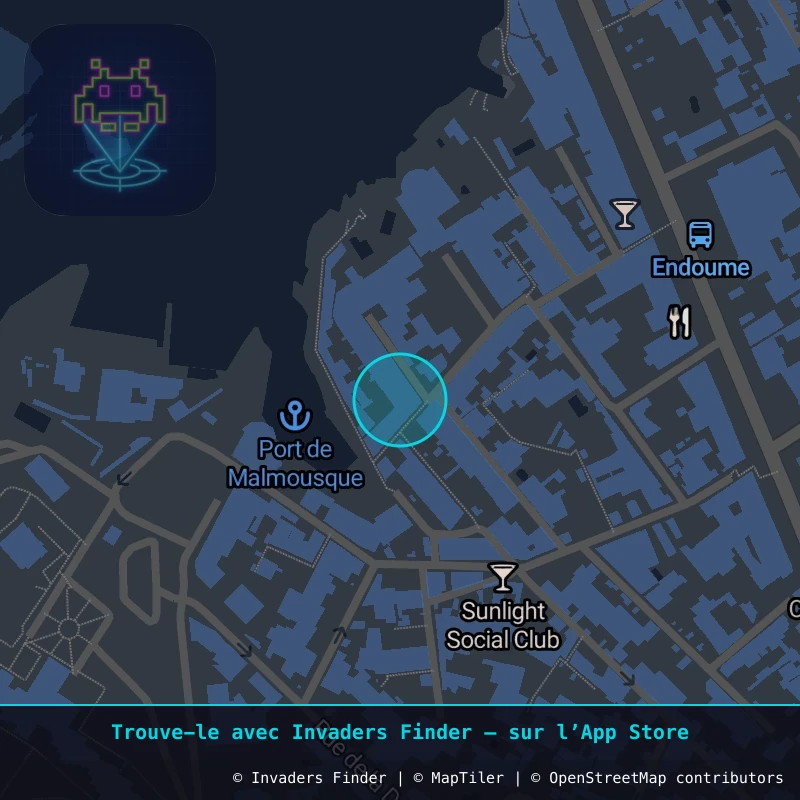 Zone approximative de l'invader MARS_64, dans le quartier Le Pharo, Marseille à Marseille. Emplacement exact disponible dans l'app Invaders Finder.
