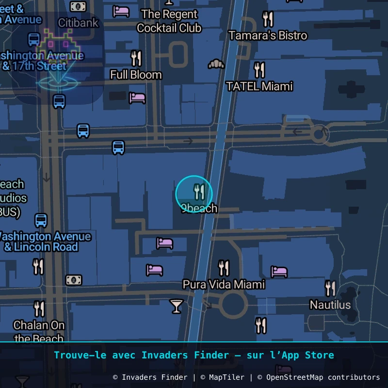 Zone approximative de l'invader MIA_04, dans le quartier Española Way, Miami Beach à Miami. Emplacement exact disponible dans l'app Invaders Finder.