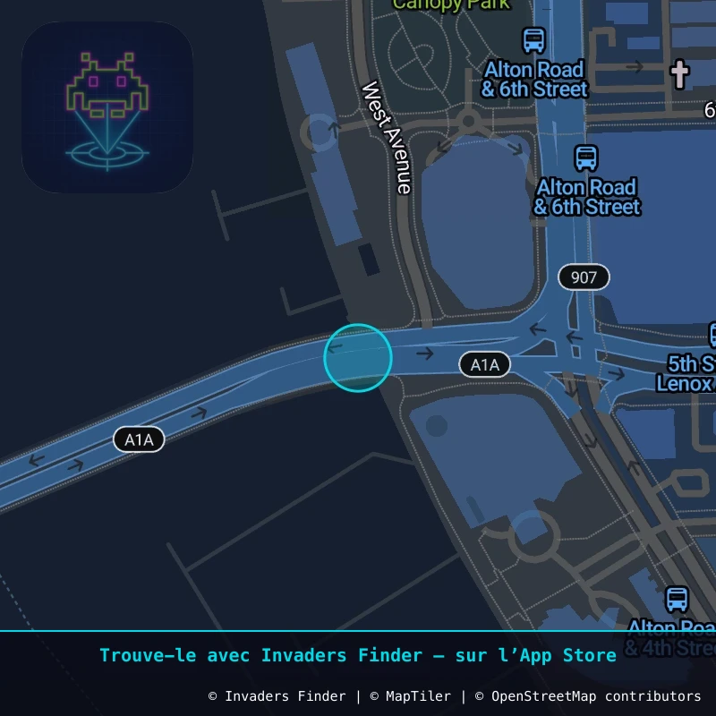 Zone approximative de l'invader MIA_06, dans le quartier Centre-ville, Miami Beach à Miami. Emplacement exact disponible dans l'app Invaders Finder.