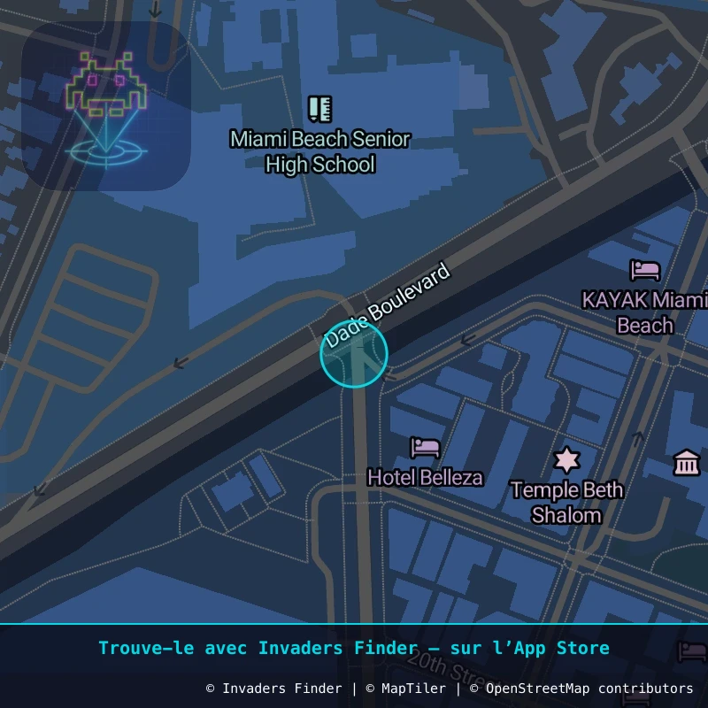 Zone approximative de l'invader MIA_09, dans le quartier Española Way, Miami Beach à Miami. Emplacement exact disponible dans l'app Invaders Finder.