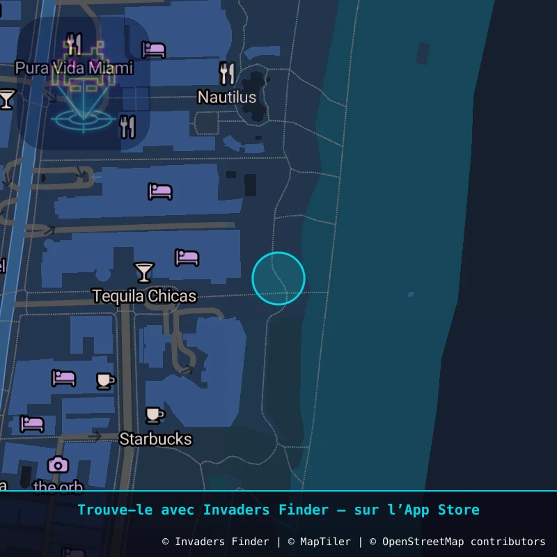 Zone approximative de l'invader MIA_33, dans le quartier Española Way, Miami Beach à Miami. Emplacement exact disponible dans l'app Invaders Finder.