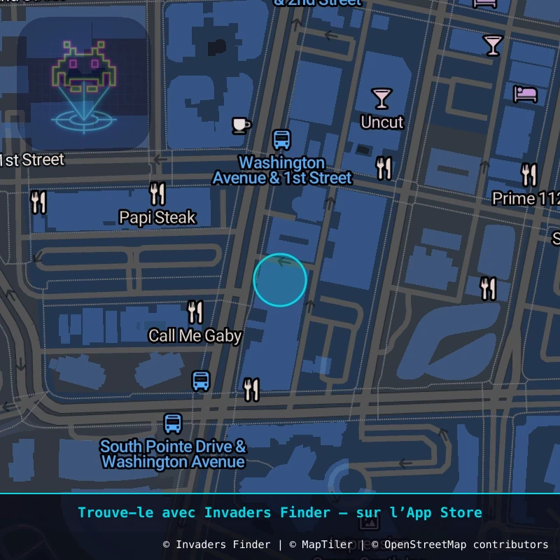 Zone approximative de l'invader MIA_68, dans le quartier Centre-ville, Miami Beach à Miami. Emplacement exact disponible dans l'app Invaders Finder.